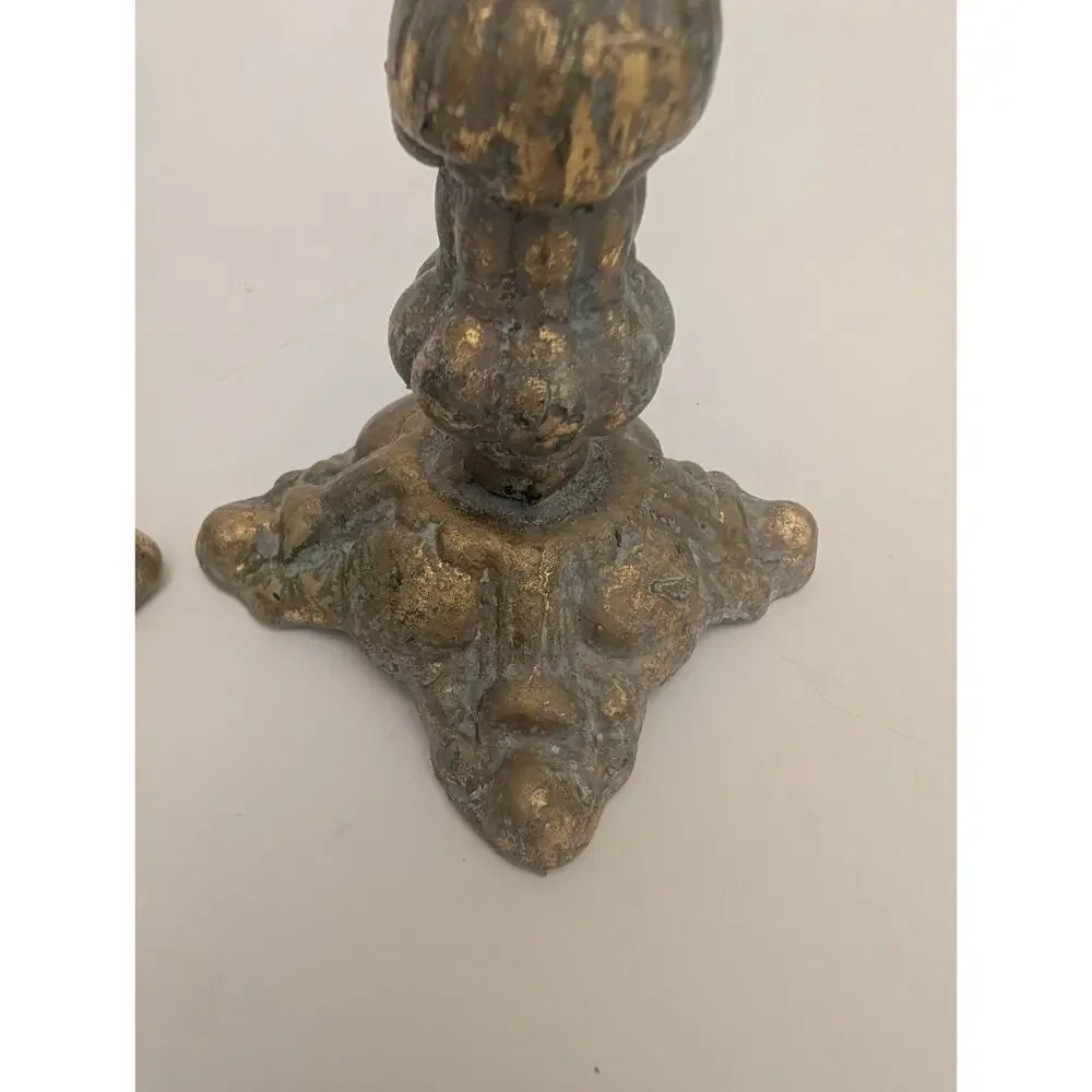 Baroque Rococo Candlestick Candle Holder Pair Brass Verdigris 8.5